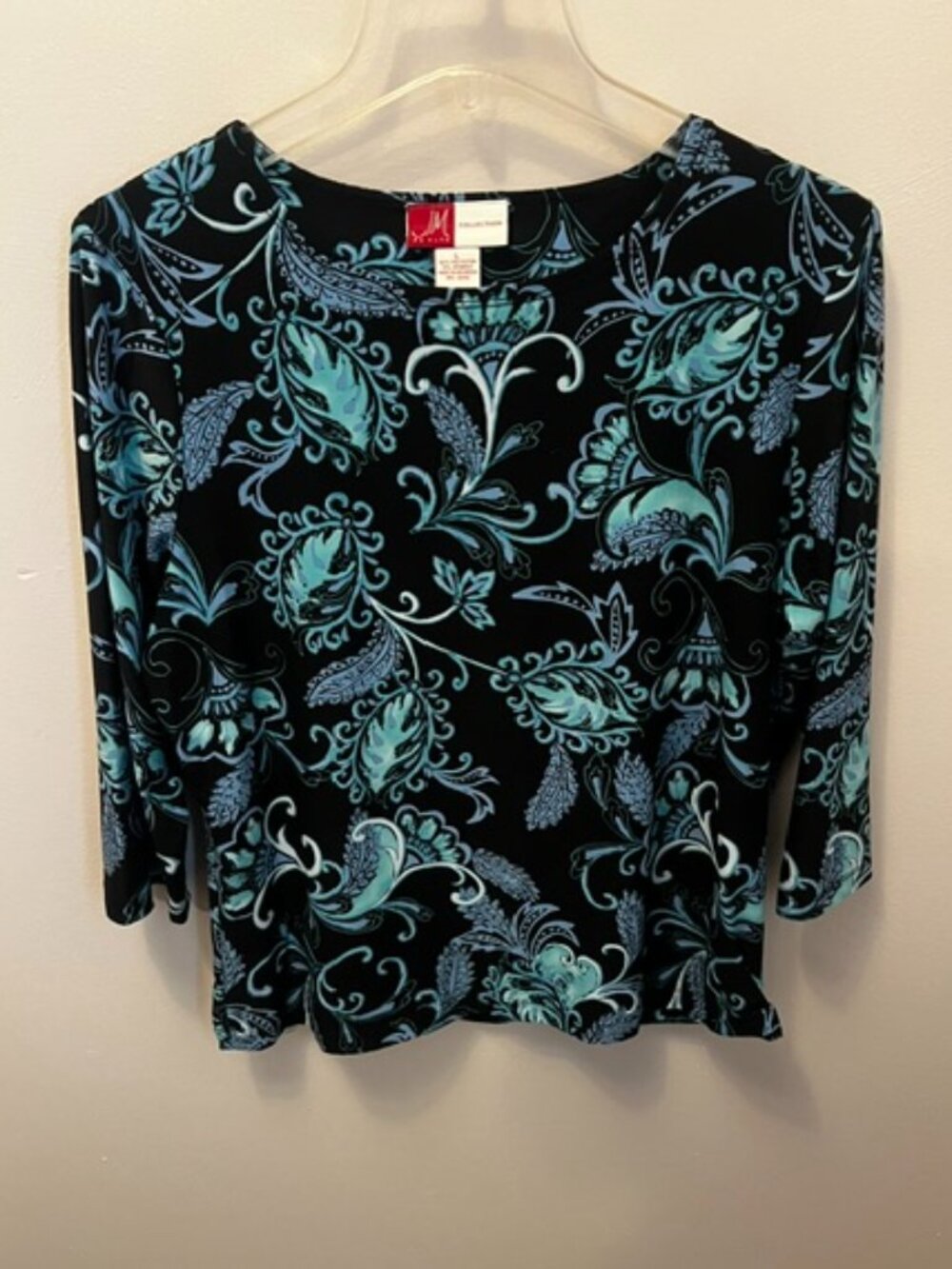 Women's New JM Collection Blouse, Size L, Black w/blue design, 3/4 Sleeve, CUTE!
